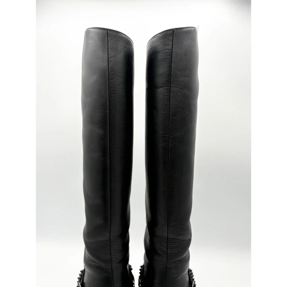 Christian Louboutin Black Leather Spike Cap Toe Egoutina Knee High Boots EU 35